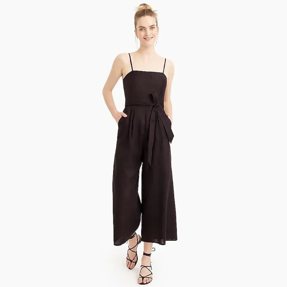 nwt j.crew black tie-waist linen jumpsuit size 8 • g6369